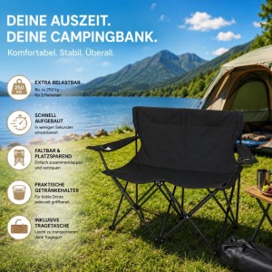 BigDean Campingstuhl 2 Personen Camping Sofa Faltbar Camping Bank Schwarz 2 Getränkehalter Tragetasche Belastbar bis 250 kg Campingstuhl Faltbar