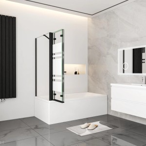 AICA Faltwand, 130cm, schwarz, 3-teilig mit 80cm Seitenwand, 6mm Nano ESG Glas für Badewanne.