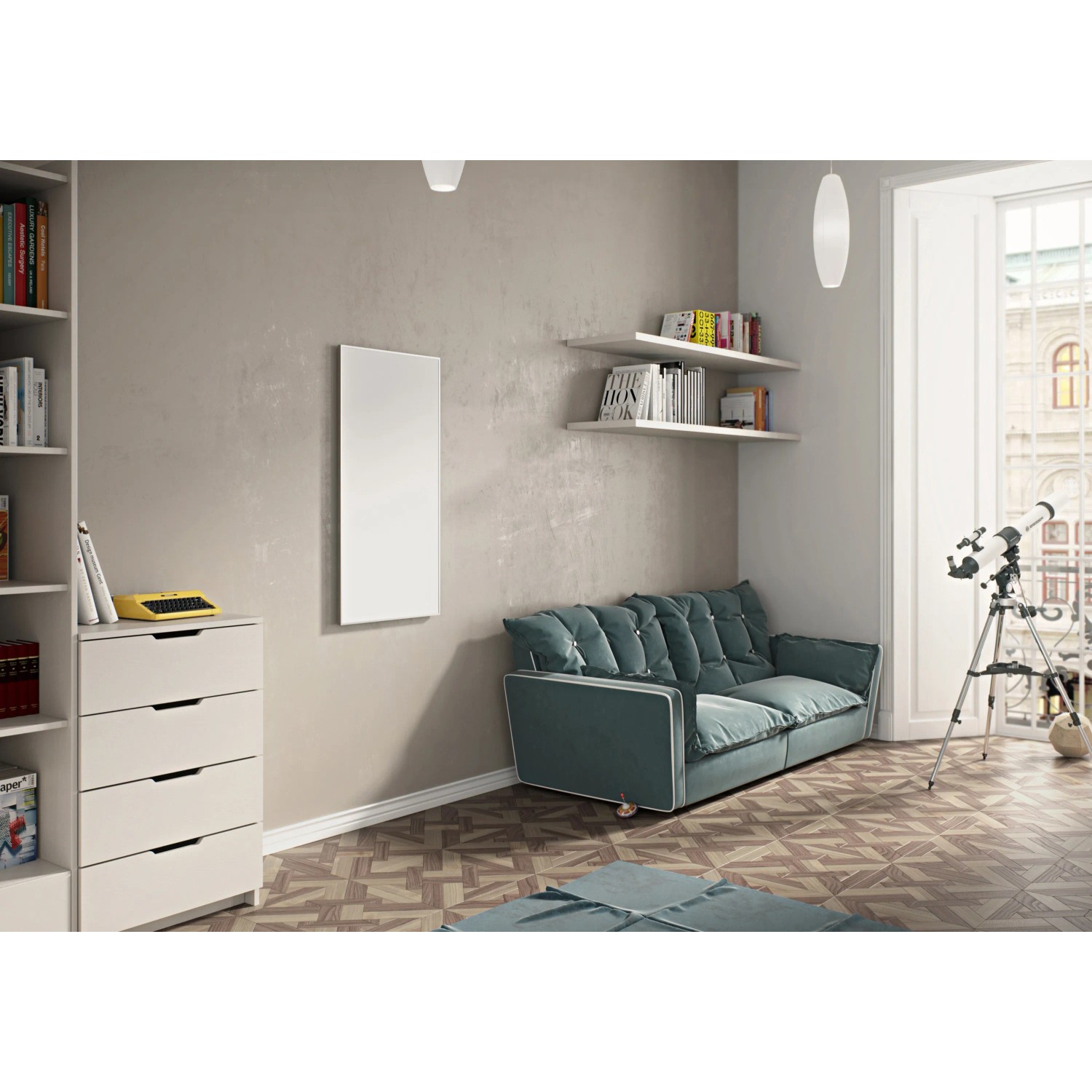 Weißes Ximax Aluminium Paneel mit Rahmen (600x1200 mm, 800 W) als Infrarotheizung an Wand im Wohnraum.