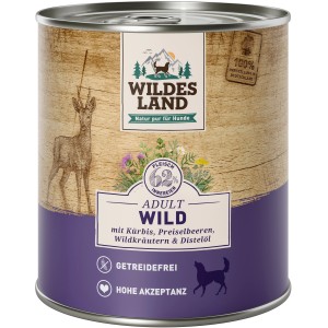 Wildes Land Hunde-Nassfutter Wild, 800g Dose mit Kürbis und Distelöl für ausgewachsene Hunde.