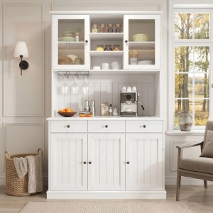 Weißer Merax Buffetschrank 120x191cm mit Glastüren, offenen Fächern, Schubladen und Gläserhalter. Vielseitiger Hochschrank für Küche.