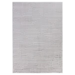 Silberner Kurzflorteppich (140x200 cm) mit geometrischem Muster im Boho-Stil.