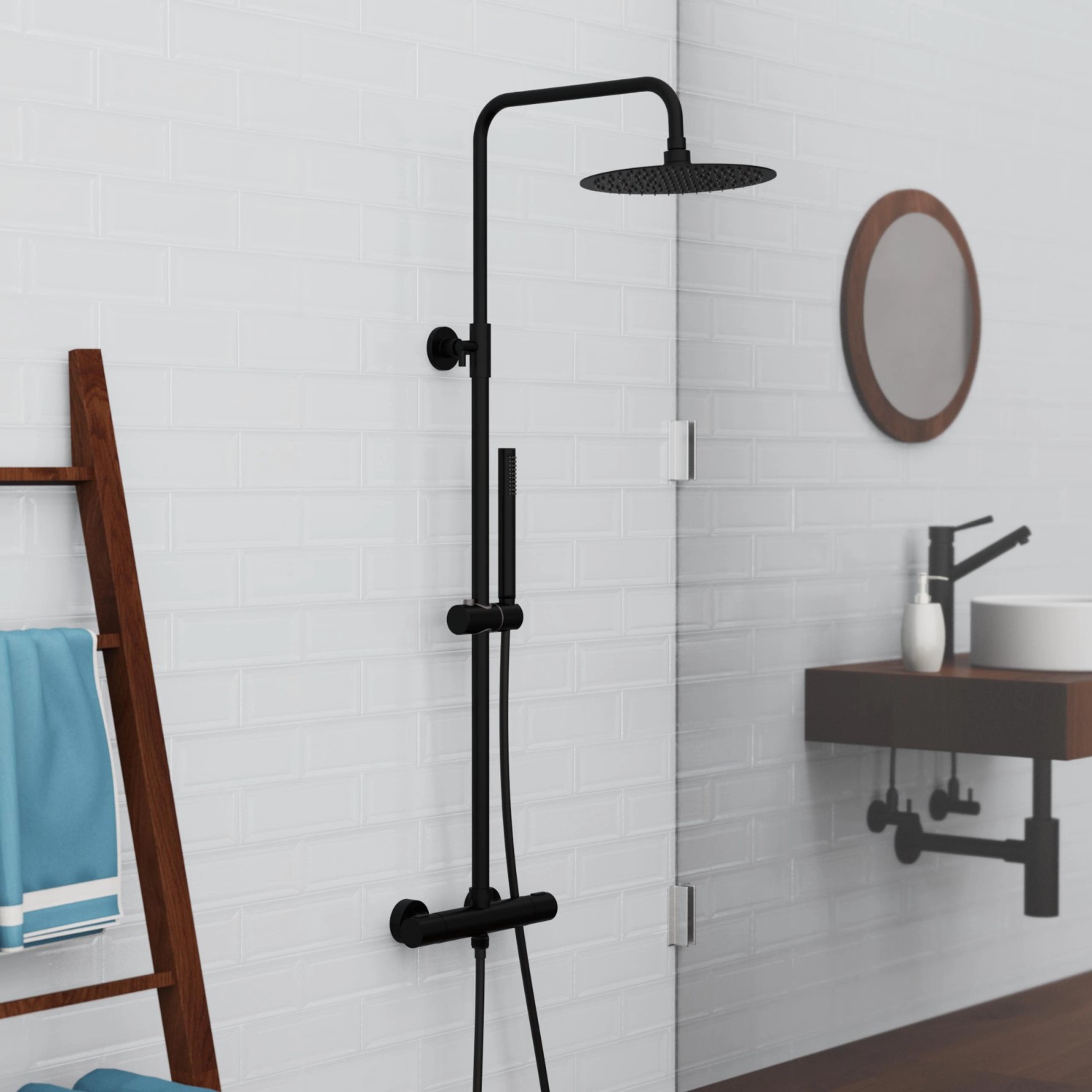 Schütte Aquaduct Brauseset mit Thermostat, Schwarz Matt, mit Kopf- und Handbrause.