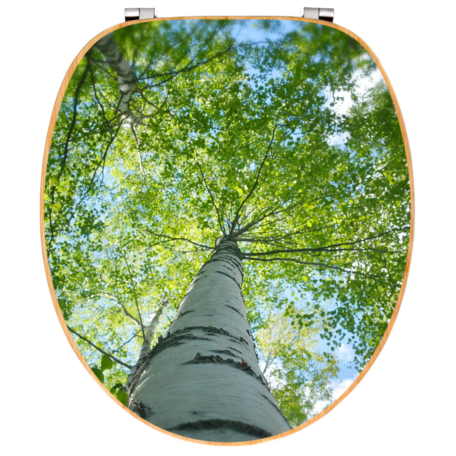 Banjado WC-Sitz aus Bambus mit Birkenwald-Motiv. Toilettendeckel aus Holz mit Universal Scharnieren.