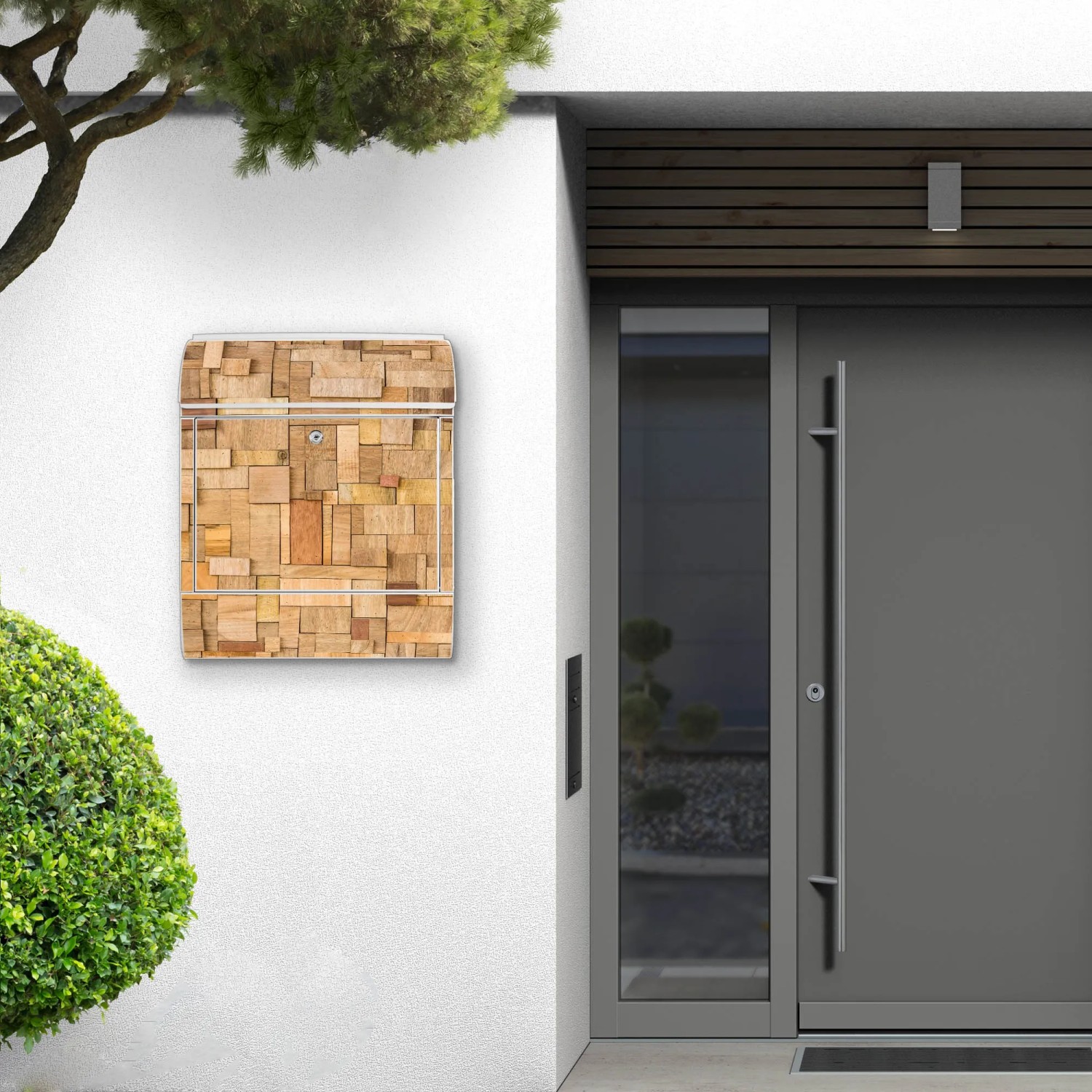 Weißer Design-Briefkasten mit Holz-Flickwerk-Motiv und Zeitungsfach.