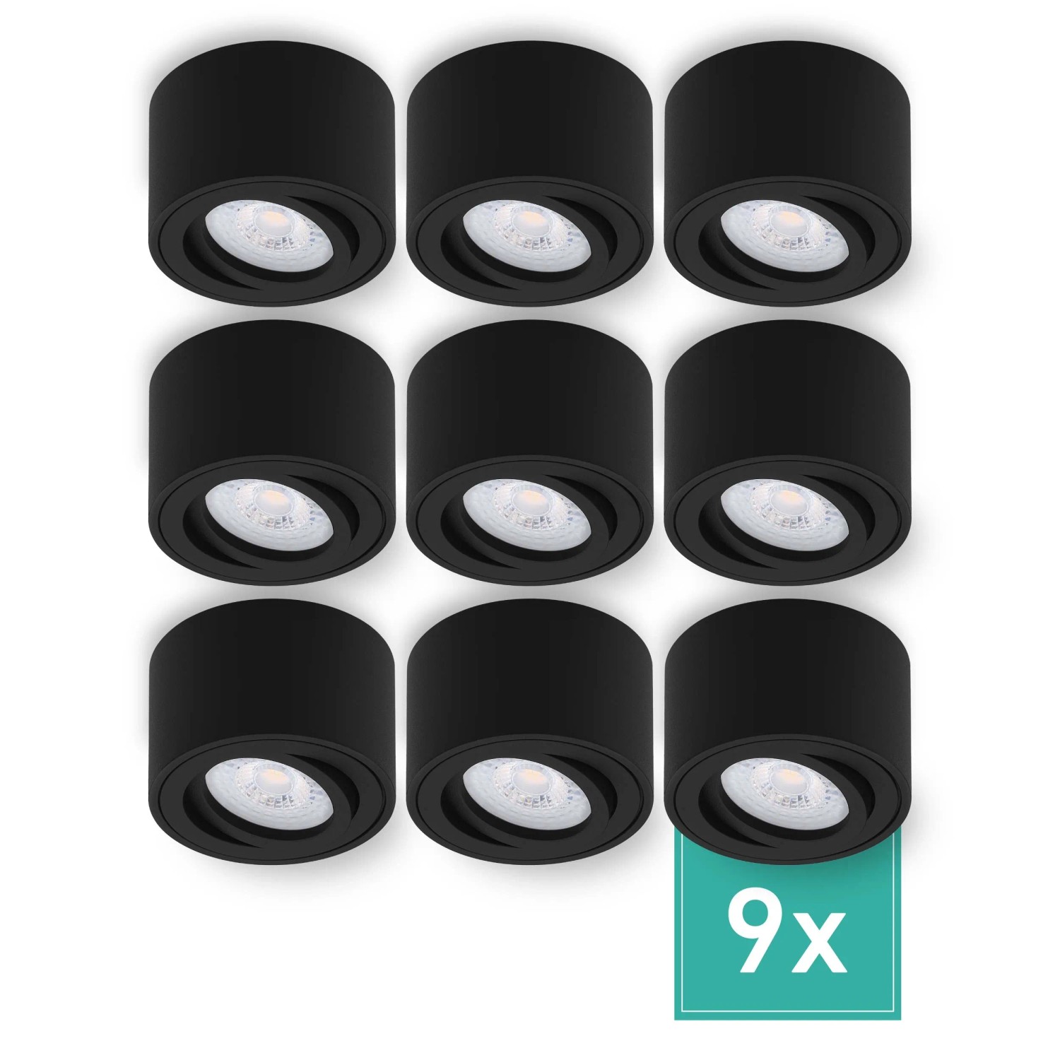 Oktaplex 9er Set Aufbaustrahler Lile S inkl. LED-Module 3-Step Dimmbar Warmweiß 3000K 230V Aluminium Black