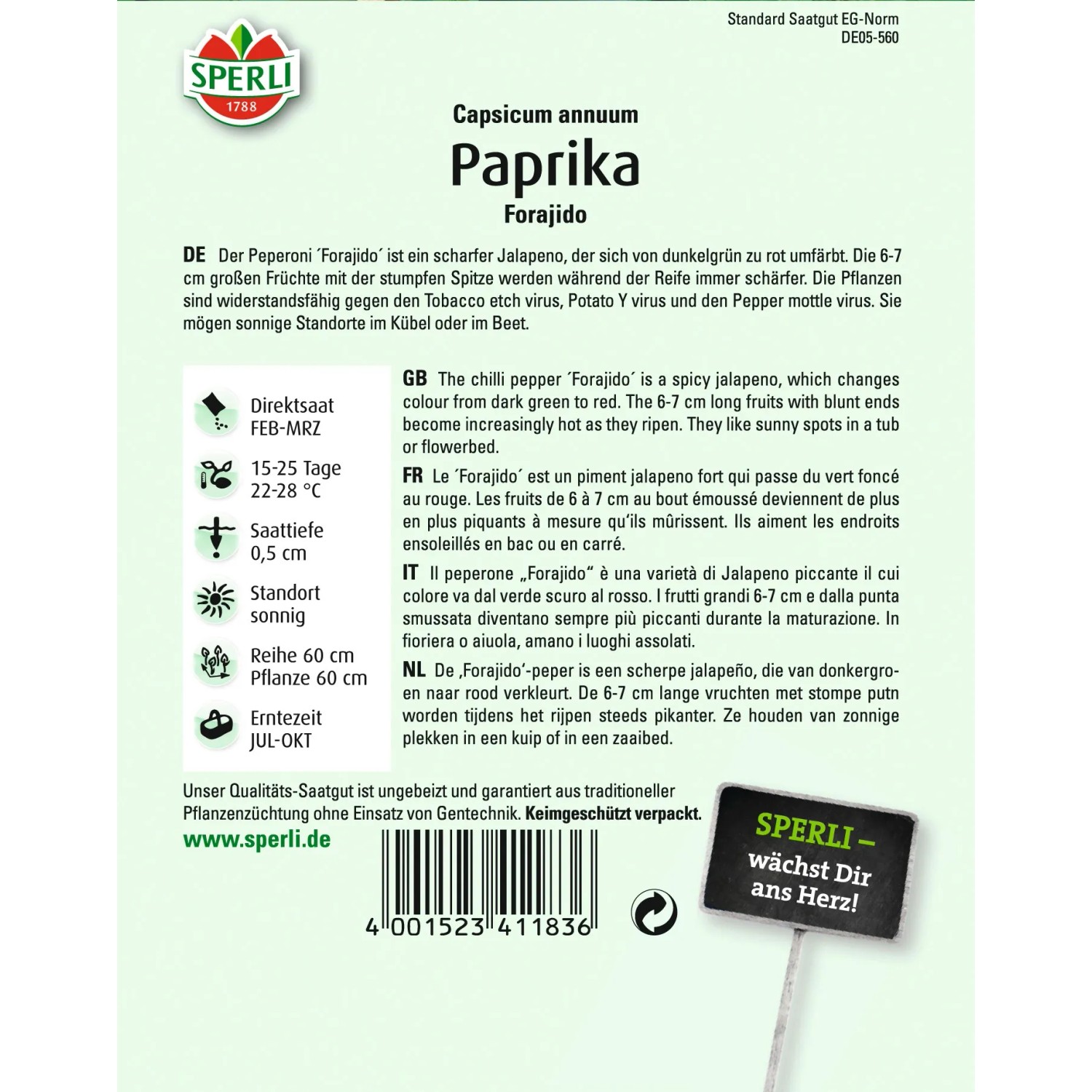 Samenpackung Sperli Paprika Forajido, scharfer Jalapeno für sonnige Standorte.