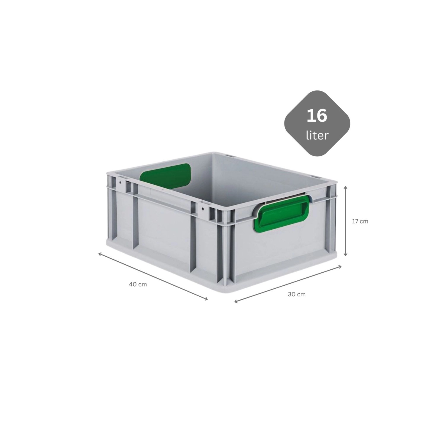 Graue PROREGAL Eurobox mit grünem Griff, 17x30x40 cm, als Aufbewahrungsbox.