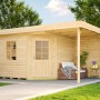 Unbehandeltes Weka Holz-Gartenhaus mit Flachdach und überdachter Fläche, 397x279 cm.