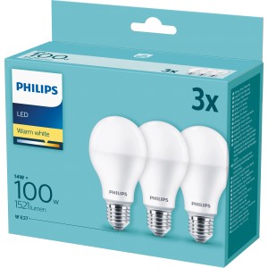 Philips LED E27 13W Glühbirnenform, 3er-Set. Warmweißes Licht für Wohnräume.