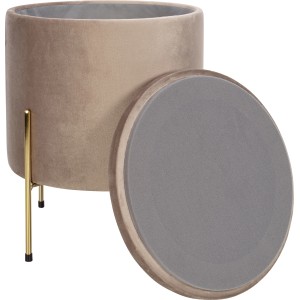 Beiger Sitzhocker Modern Antique mit Samtbezug, goldenem Metallgestell und abnehmbarem Deckel.
