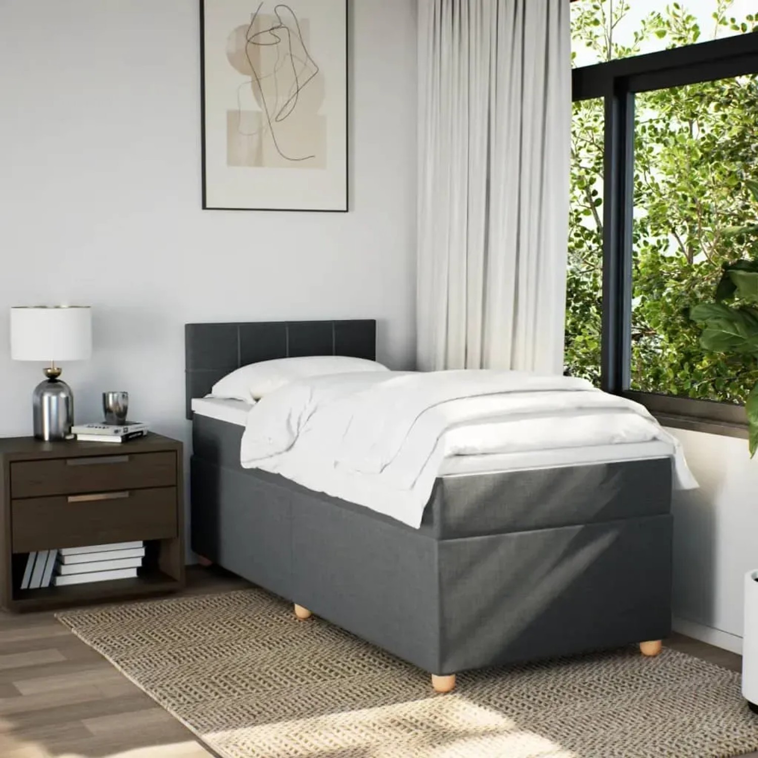 vidaXL Boxspringbett, dunkelgrau, 80x200 cm. Stoffbezogenes Bett mit Matratze und Kopfteil im Schlafzimmer.