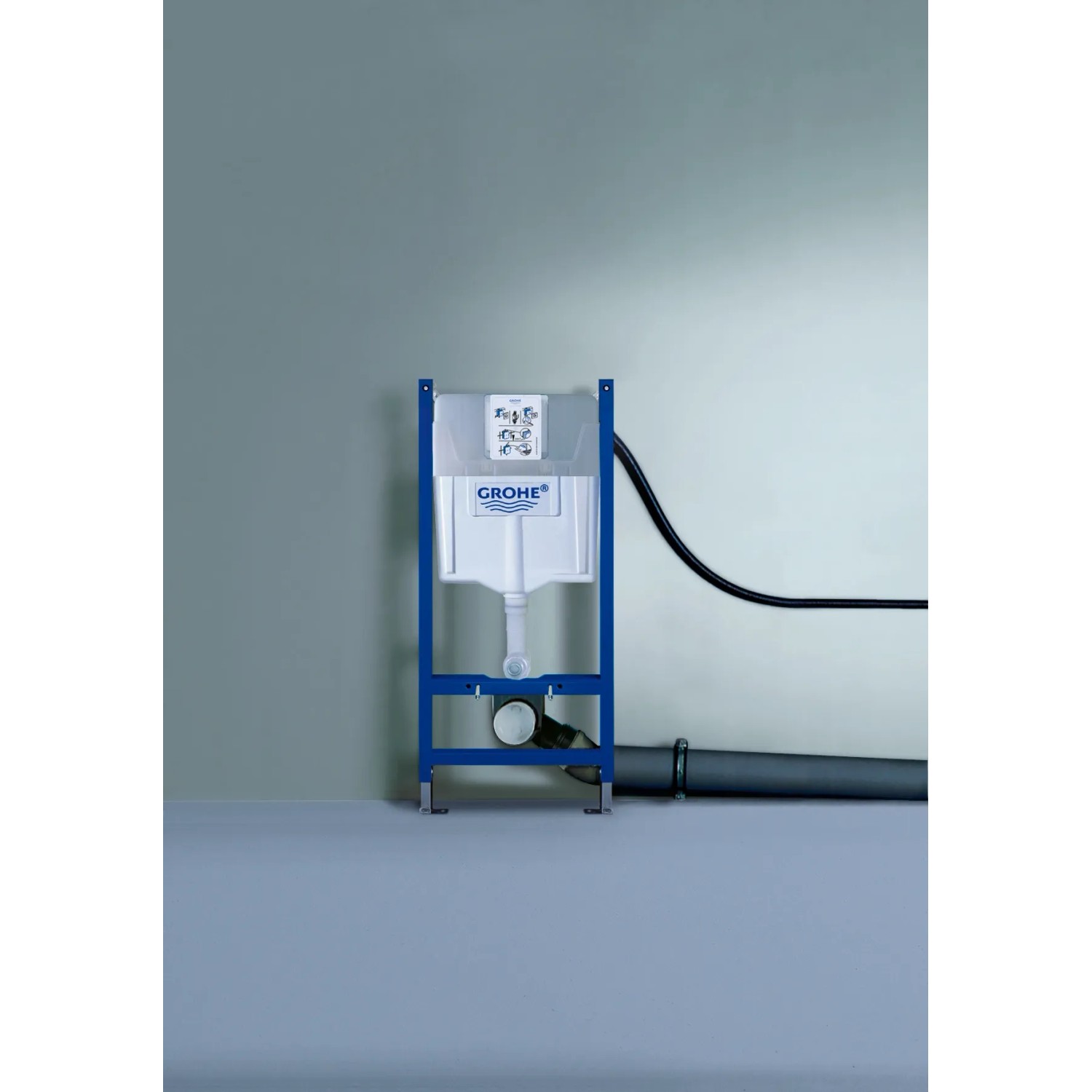 Grohe QuickFix Vorwandelement für WC, 1,13m Bauhöhe, mit blauem Rahmen und Spülkasten.