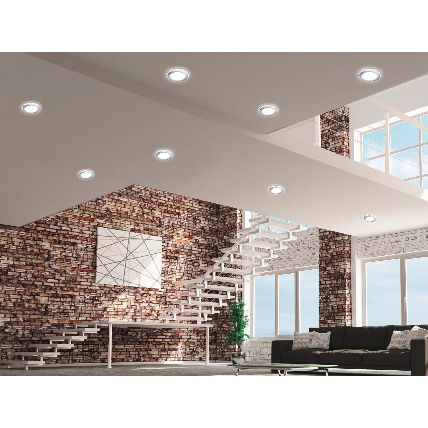 Szene mit mehreren Trio LED Einbauspots Aura, 10W, Chrom, in modernem Wohnraum.