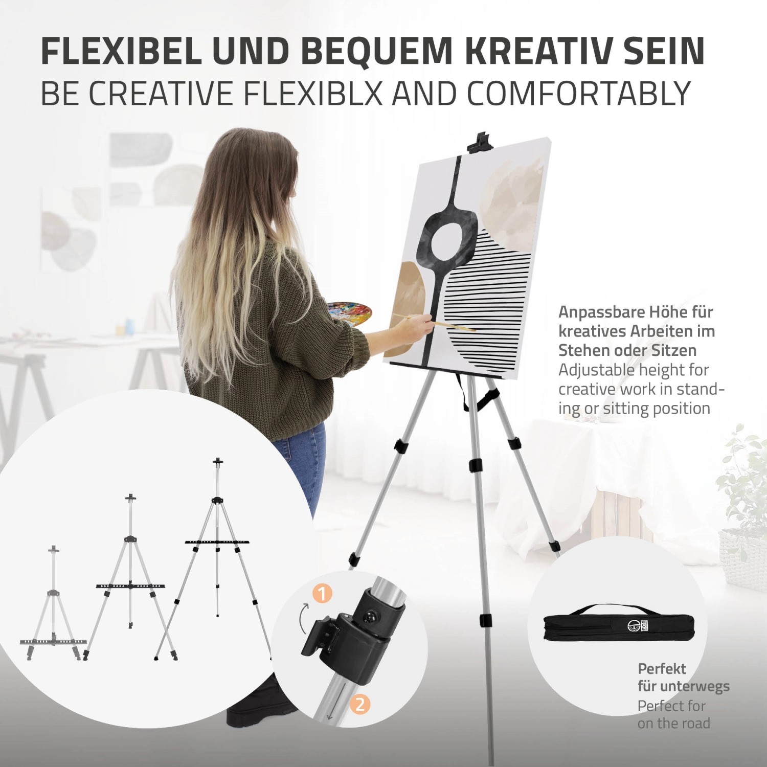 Silberne ECD Germany Atelierstaffelei aus Aluminium mit höhenverstellbarem Dreibein.