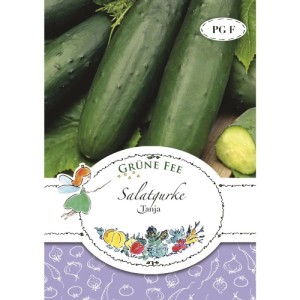 Grüne Fee Salatgurke Tanja Saatgutpackung. Zeigt dunkelgrüne Gurken, eine Fee und Gemüseillustrationen.