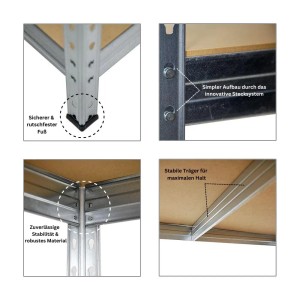 Detailansichten des PROREGAL Schwerlastregals: Stecksystem, Füße, Träger und Stabilität.