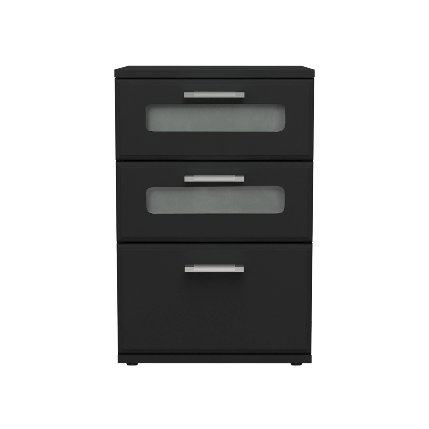 ML-Design Nachttisch 2er Set, schwarze Nachtkommode mit 3 Schubladen und Glasdetails.