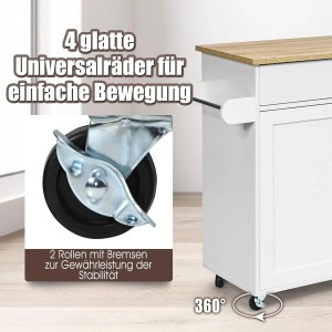 Weißer Küchenwagen mit Holzplatte, Detailansicht der 360° drehbaren Universalräder mit Bremsen für Mobilität.