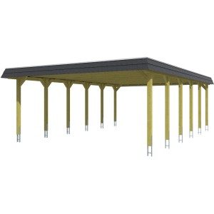 Skan Holz Carport Spreewald, Doppelcarport aus Holz mit schwarzer Blende und EPDM Dach.
