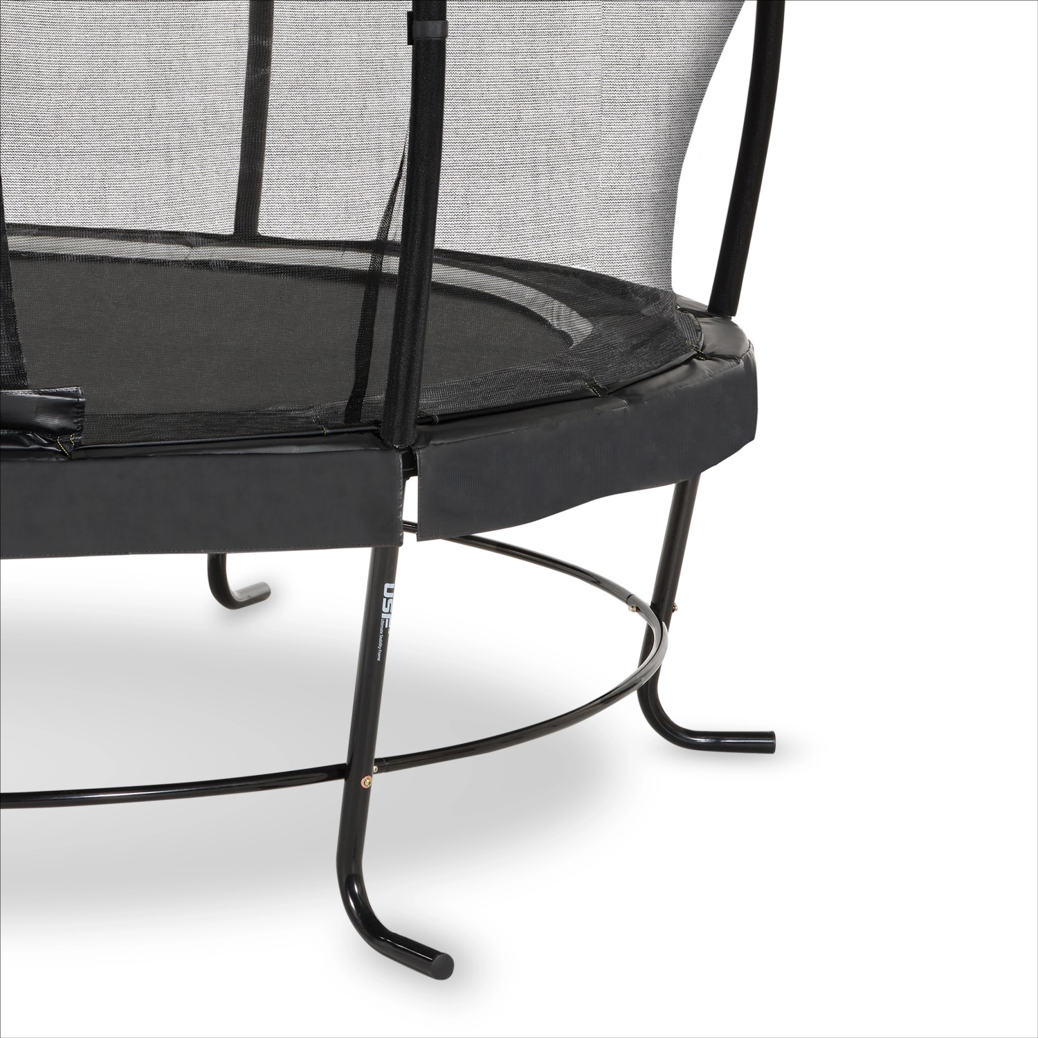 Detailaufnahme: Schwarzes EXIT Lotus Classic Gartentrampolin, Ø 305 cm, mit Sicherheitsnetz und L-förmigen Füßen.