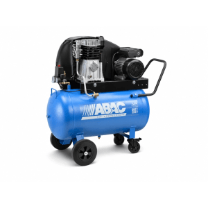 Blauer ABAC Kompressor mit horizontalem Druckluftbehälter und Rädern für Werkstatt und Heimwerker.