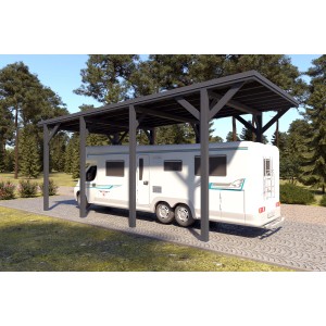 Holzbrüder Camping-Carport Ralf, anthrazitgrau, mit Wohnmobil. Carport mit Blechdach in Dunkelgrau.