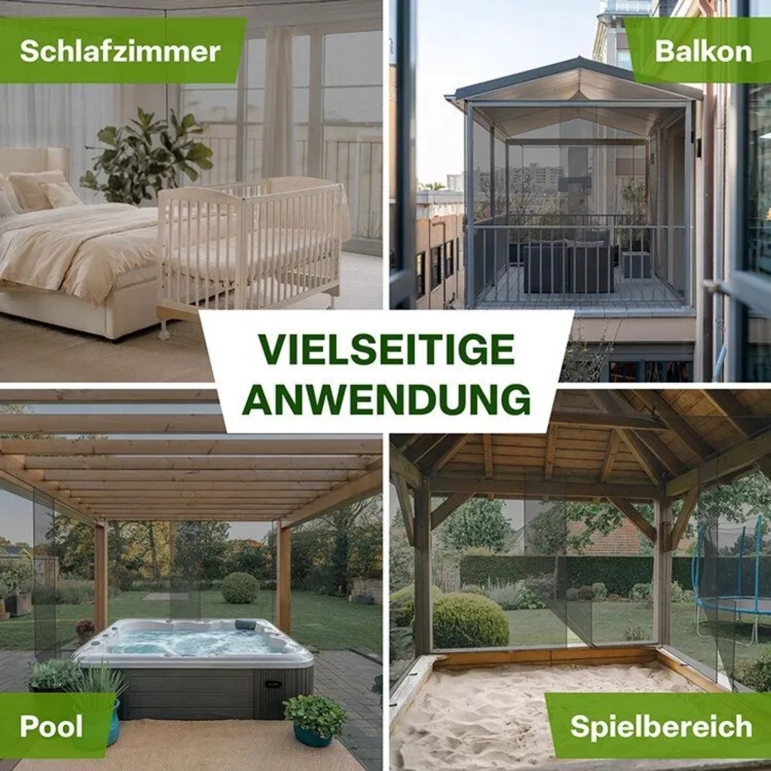 TTL GARDEN Moskitonetz DELUXE XL: Anwendungsbeispiele für Bett, Balkon, Pool und Spielbereich.