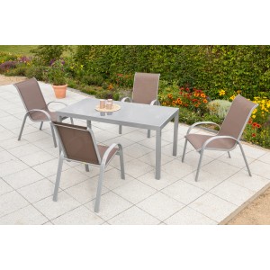 5-teiliges Gartenmöbelset Amalfi in Taupe mit Stapelsesseln und Tisch mit Glasplatte.