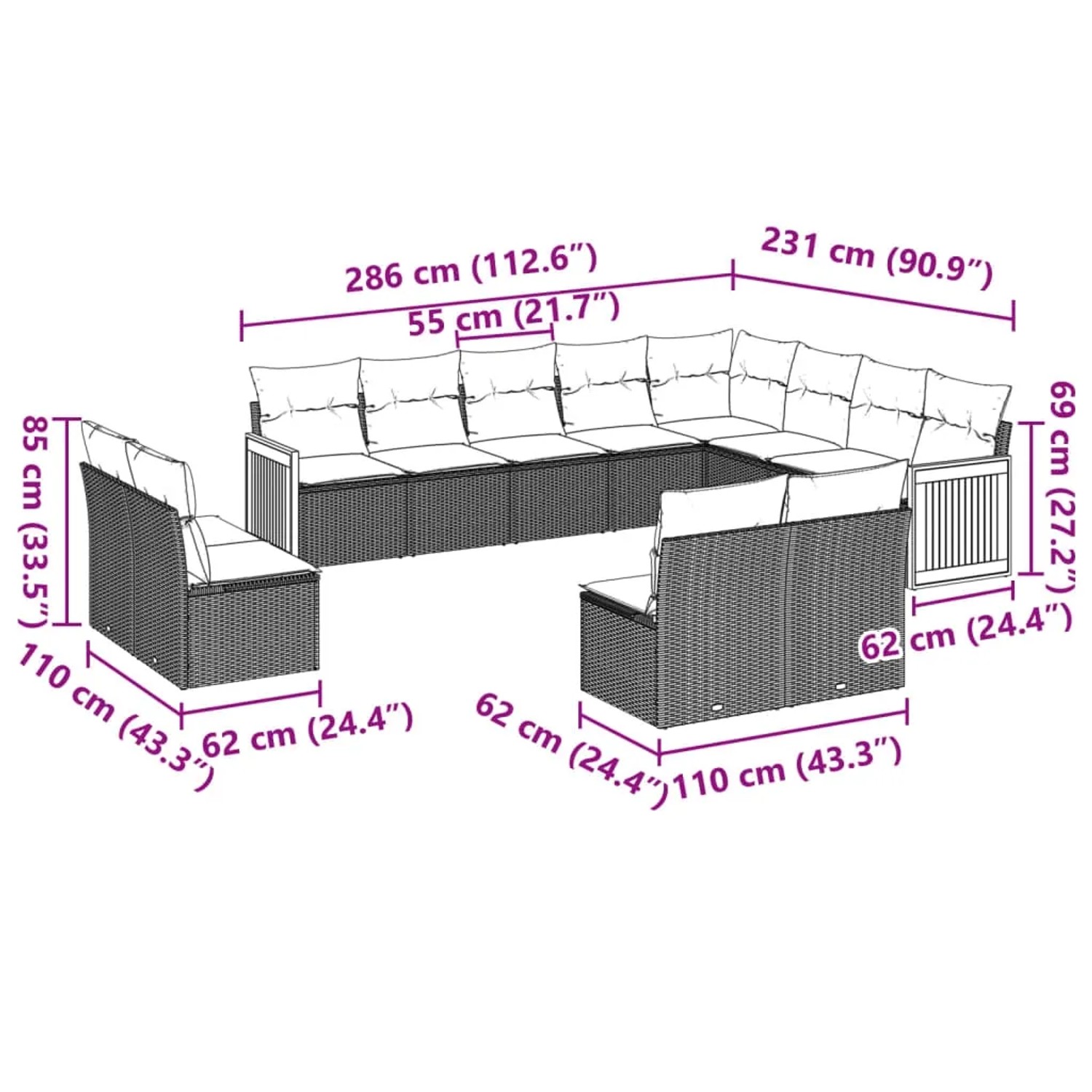 vidaXL 12-tlg. Garten-Sofagarnitur grau Poly Rattan mit Kissen, Maße eingezeichnet.