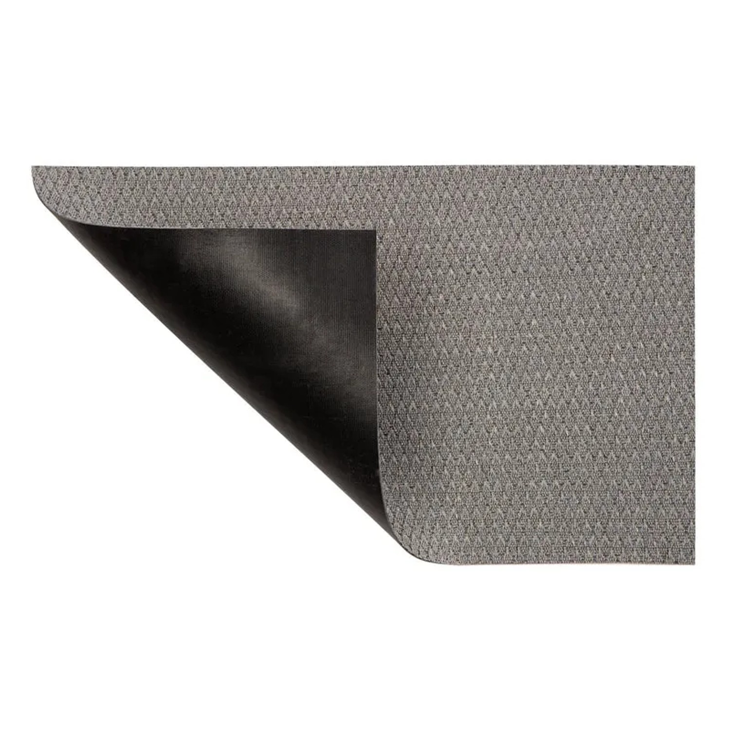 Wetterfester, grauer Outdoor Teppich Salerno mit Muster und schwarzer Rückseite.