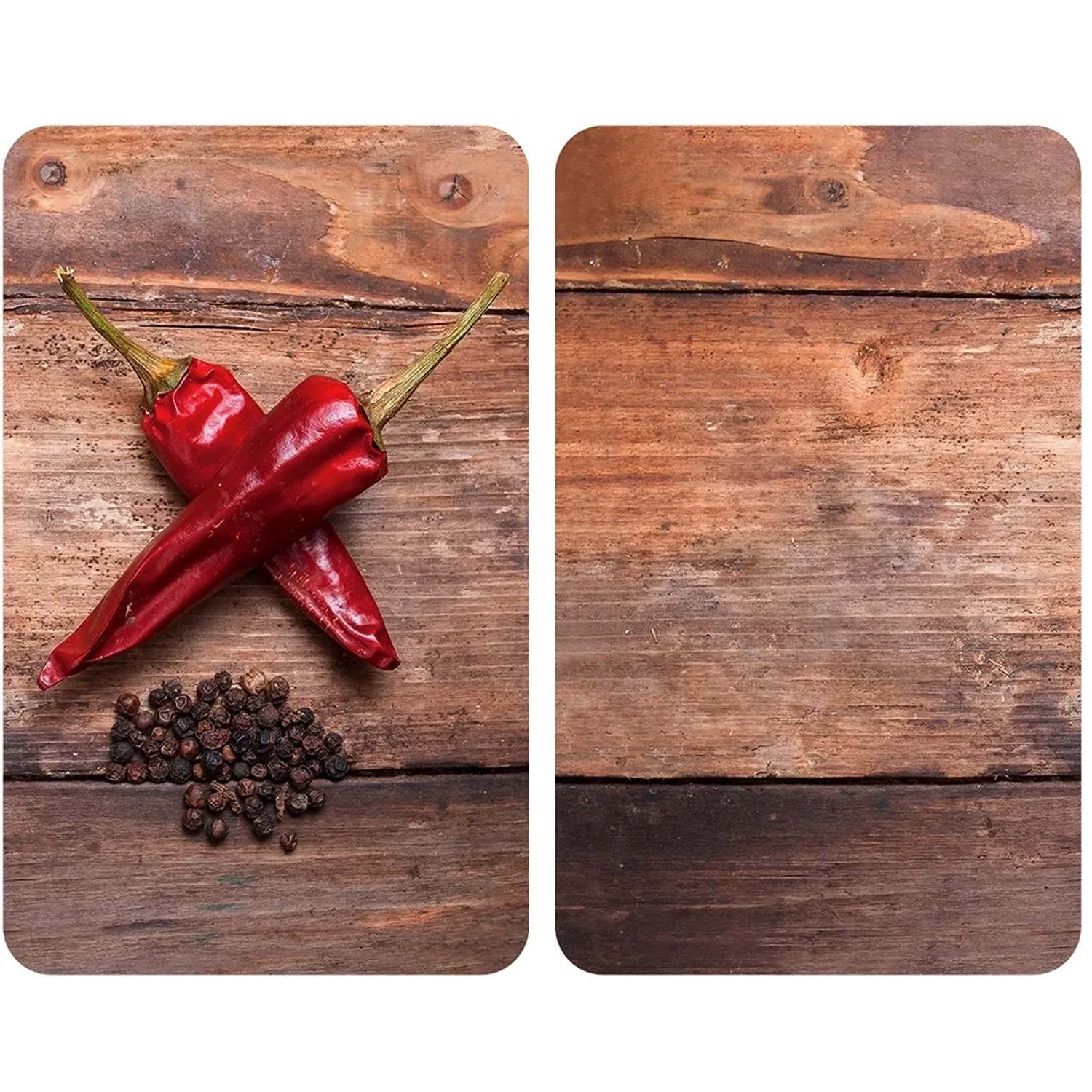 Allstar Glasabdeckplatten Pepper 2er-Set für Glaskeramik-Kochfelder mit Chili und Pfeffer auf Holz.