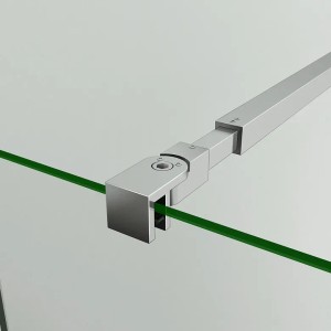 Chromfarbene, ausziehbare Dusch-Stabilisierungsstange aus Edelstahl mit Glashalterung für Walk-in Duschen.