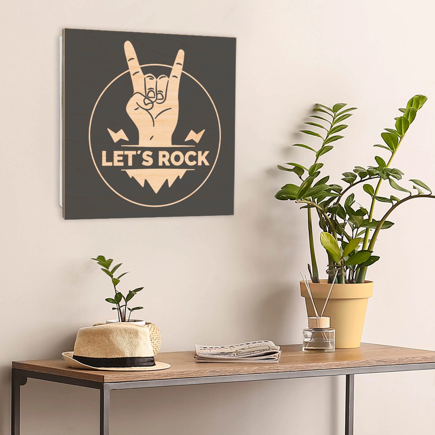 Banjado Schlüsselkasten mit Holzfront, Motiv Let's Rock, 30x30cm, 50 Haken.