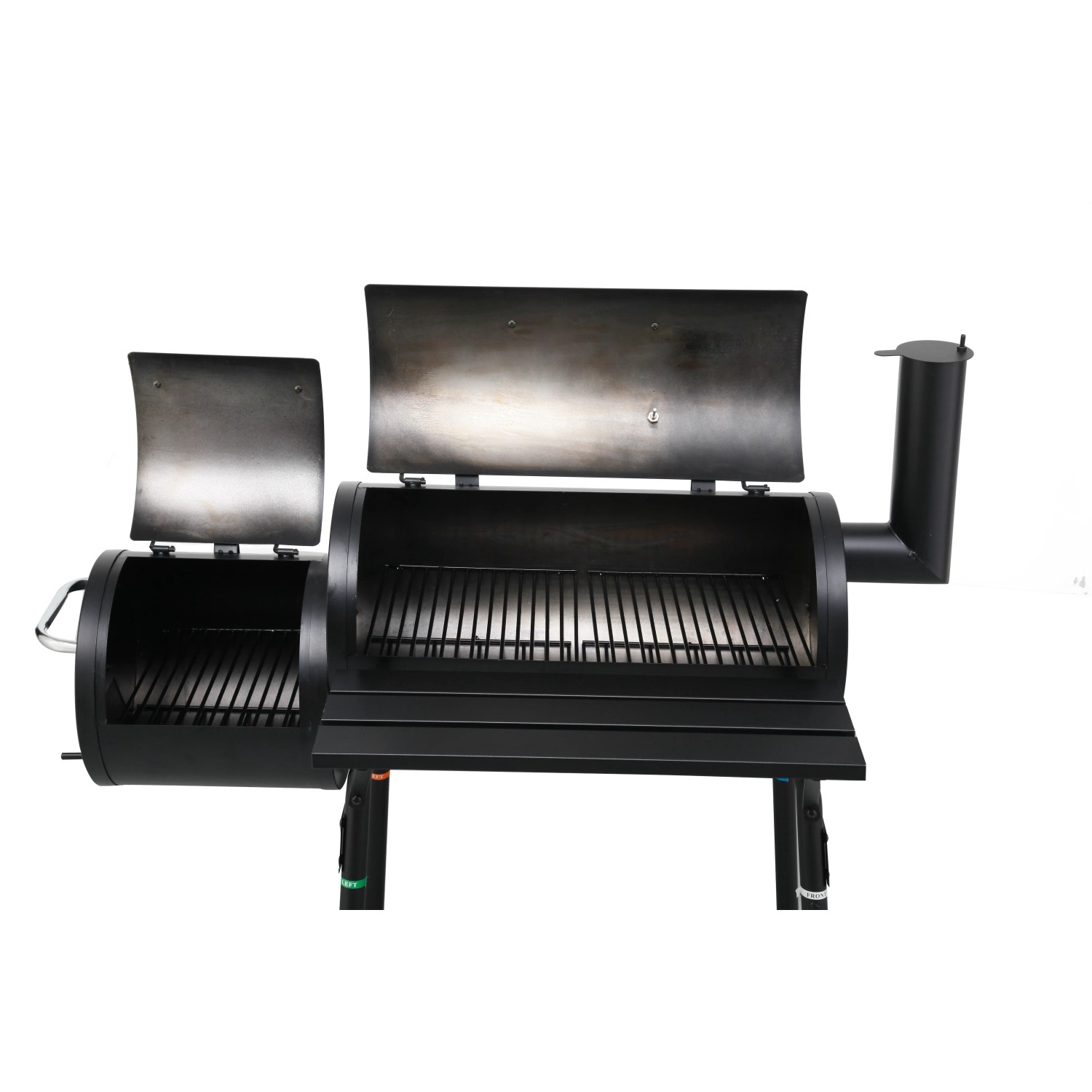 Schwarzer tepro Smoker Wichita Holzkohlegrill mit geöffneten Deckeln und Grillrosten.