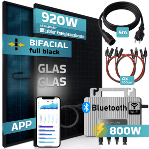 SUNNIVA Balkonkraftwerk 920W mit Wechselrichter, Solarmodulen, Kabeln und App-Steuerung.