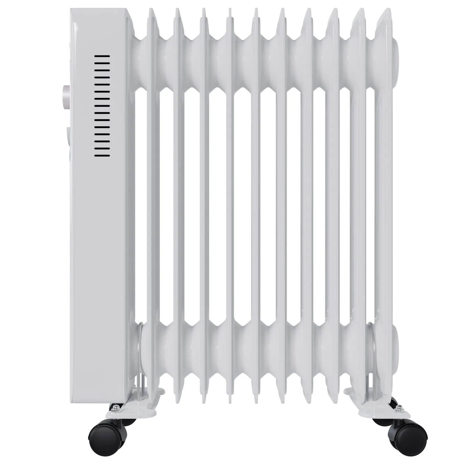 Weißer TroniTechnik Ölradiator TT OR 211 mit 11 Rippen und Rollen.