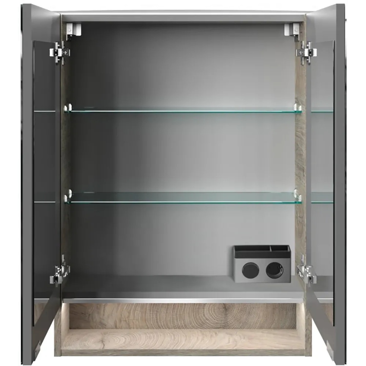 Offener Fackelmann Spiegelschrank B.Style Eiche Natur 60 cm mit Glasböden und Beleuchtung.