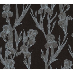 Schwarze Vliestapete mit weißem floralem Iris-Muster. Dekorative Blumentapete für Wände.
