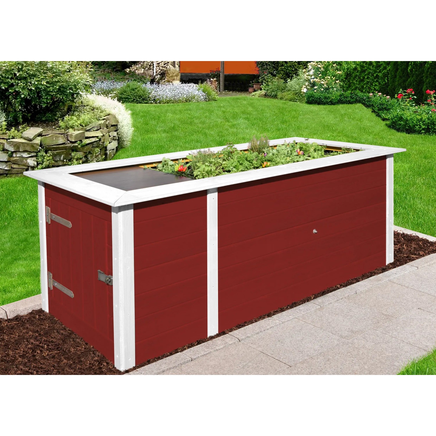 Weka Hochbeet (rot) mit Schrank, 81x205x79cm, im Garten.