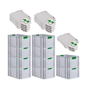 PROREGAL Spar Set: 10 graue Euroboxen mit grünen Griffen und Scharnierdeckel, gestapelt.