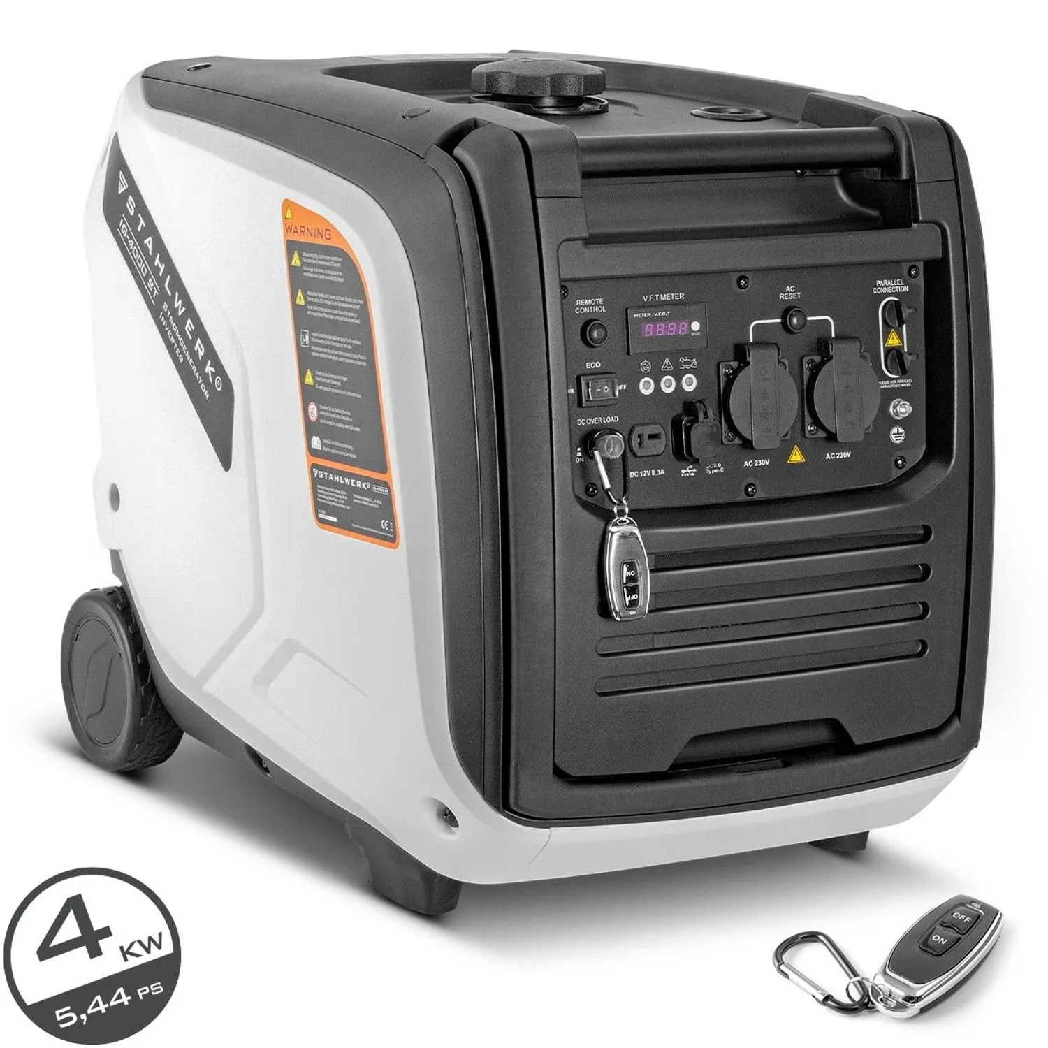 STAHLWERK Stromgenerator IG 4000 ST, weiß-grau, mit Bedienfeld, Steckdosen und Fernbedienung. Mobiler Benzin Generator 4 kW.