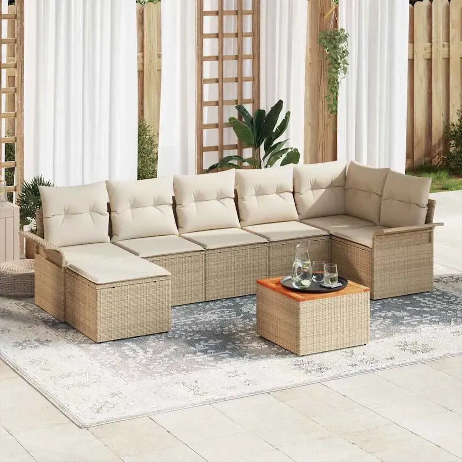 Beiges 8-tlg. vidaXL Garten-Sofa-Set aus Poly Rattan mit Tisch und Auflagen.