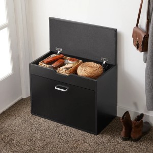 Schwarze SoBuy Schuhbank FSR95-SCH mit Sitzkissen und Klappe für Schuhe und Accessoires.