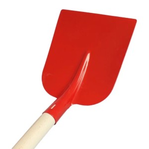 Rote Holsteiner Sandschaufel mit pulverbeschichtetem Stahlkopf und Buchenholzstiel für Garten- und Bodenarbeiten.