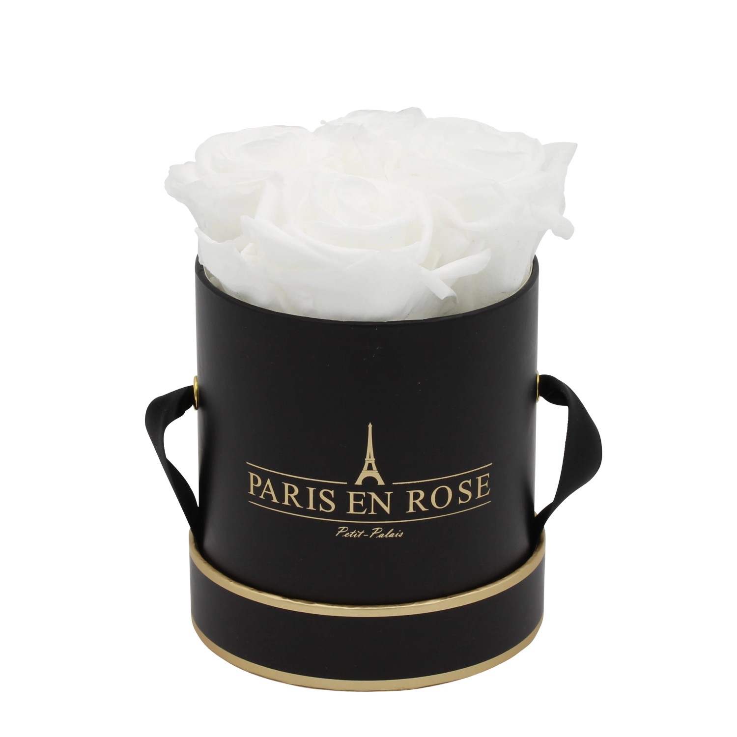 Rosenbox Ø 10 cm Schwarz-Gold mit 4 Weißen Rosen