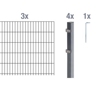 Metallzaun Grund-Set: Doppelstabmatte, Pfosten und Zubehör in Anthrazit.