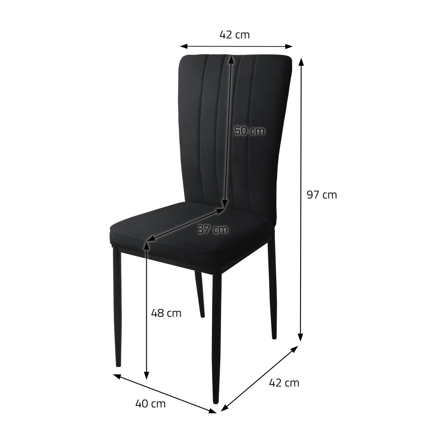 Schwarzer ML-Design Esszimmerstuhl mit Samtbezug, Seitenansicht mit Maßangaben.