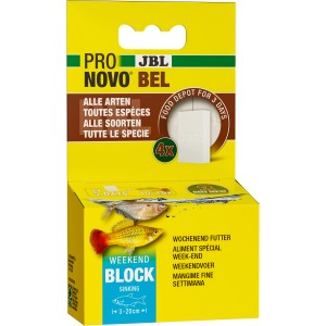JBL Pronovo Bel Weekend Fischfutter für 3 Tage, gelbe Verpackung mit Futterblock.