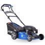 Blauer Hyundai Benzin-Rasenmäher LM5122G mit 51 cm Schnittbreite.